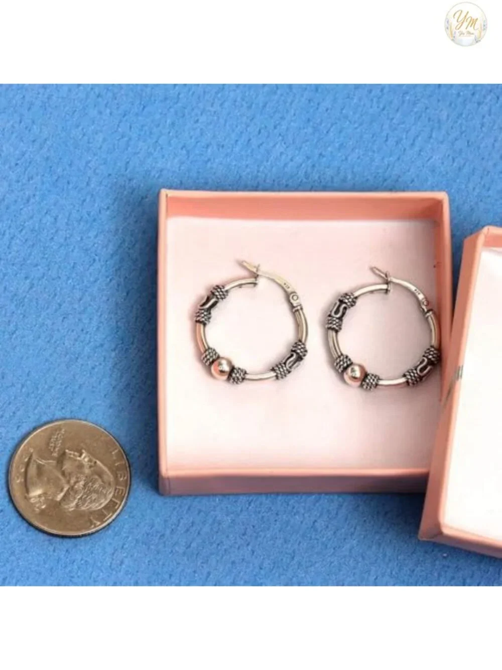 925 Sterling Silver Bali Hoop Earrings Women Antique Balinese Beaded Click-Top